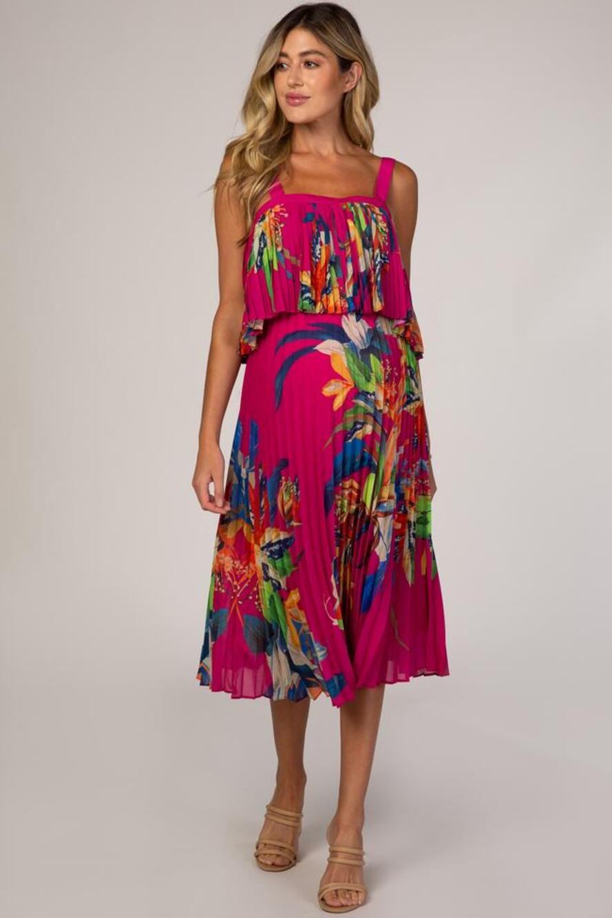 Fuchsia Floral Pleated Overlay Maternity Dress size small
